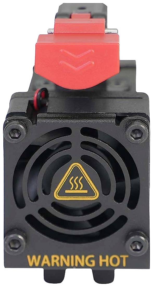 3D printer component with fan grille and warning sign 'hot'. Metal enclosure, red plastic lever on top.