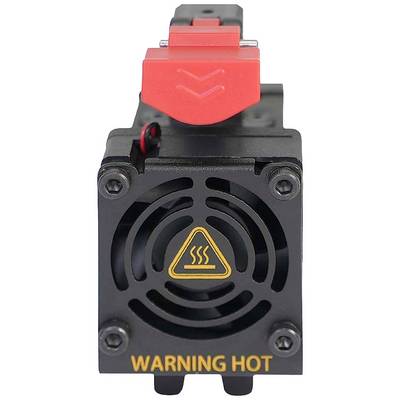 3D printer component with fan grille and warning sign 'hot'. Metal enclosure, red plastic lever on top.