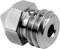 Metal nozzle with a hexagonal screw head and ribbed cylindrical shaft, used in machinery or printers.