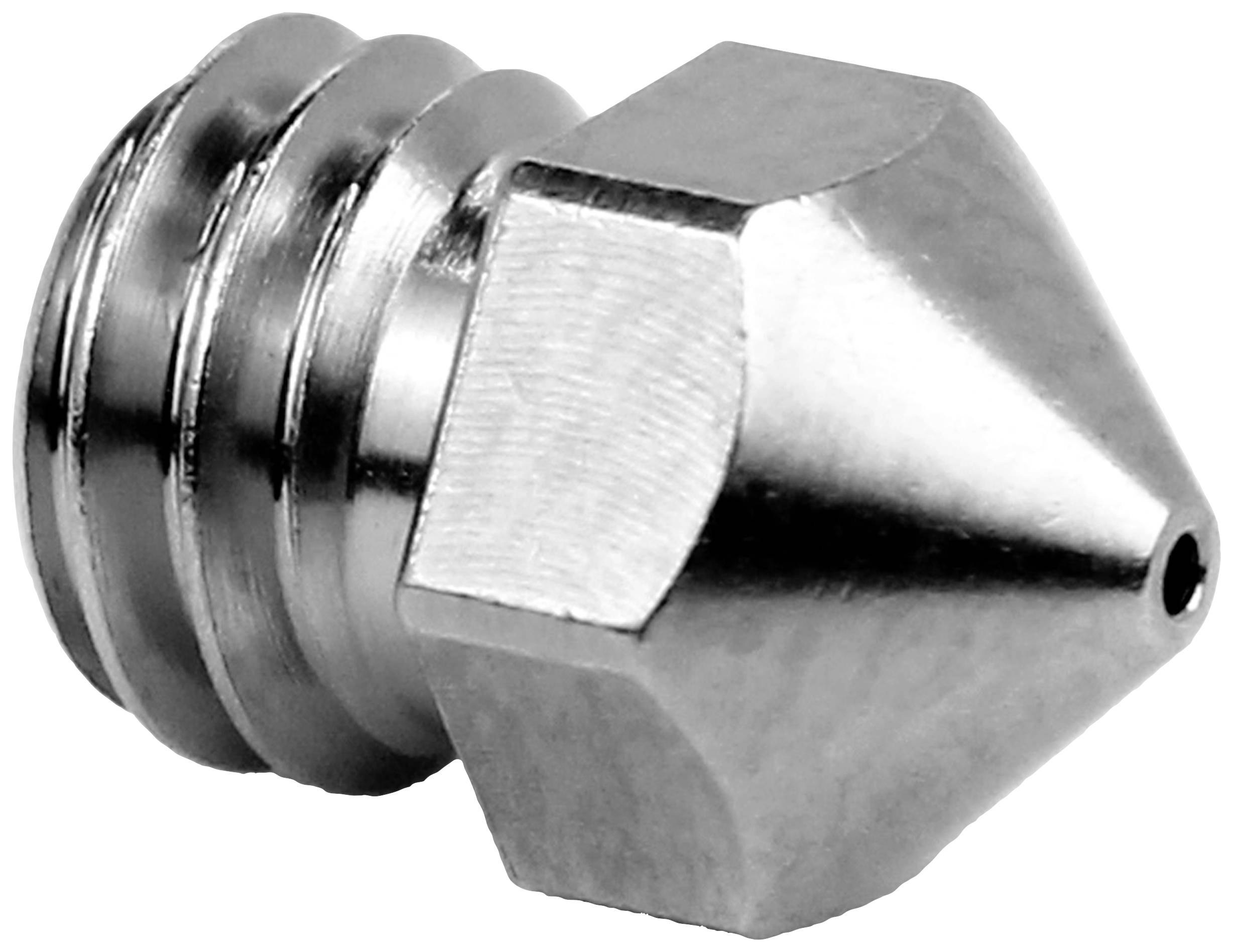 A steel nozzle for 3D printers, with a round threaded base and a pointed outlet, suitable for precise printing.