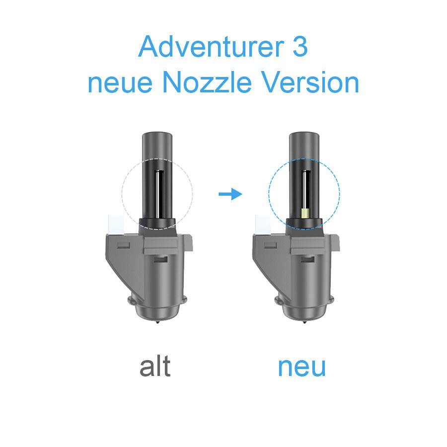 'Adventurer 3 New Nozzle Version': Comparison of the old and new nozzle design side by side. The new nozzle is on the right, shortened.