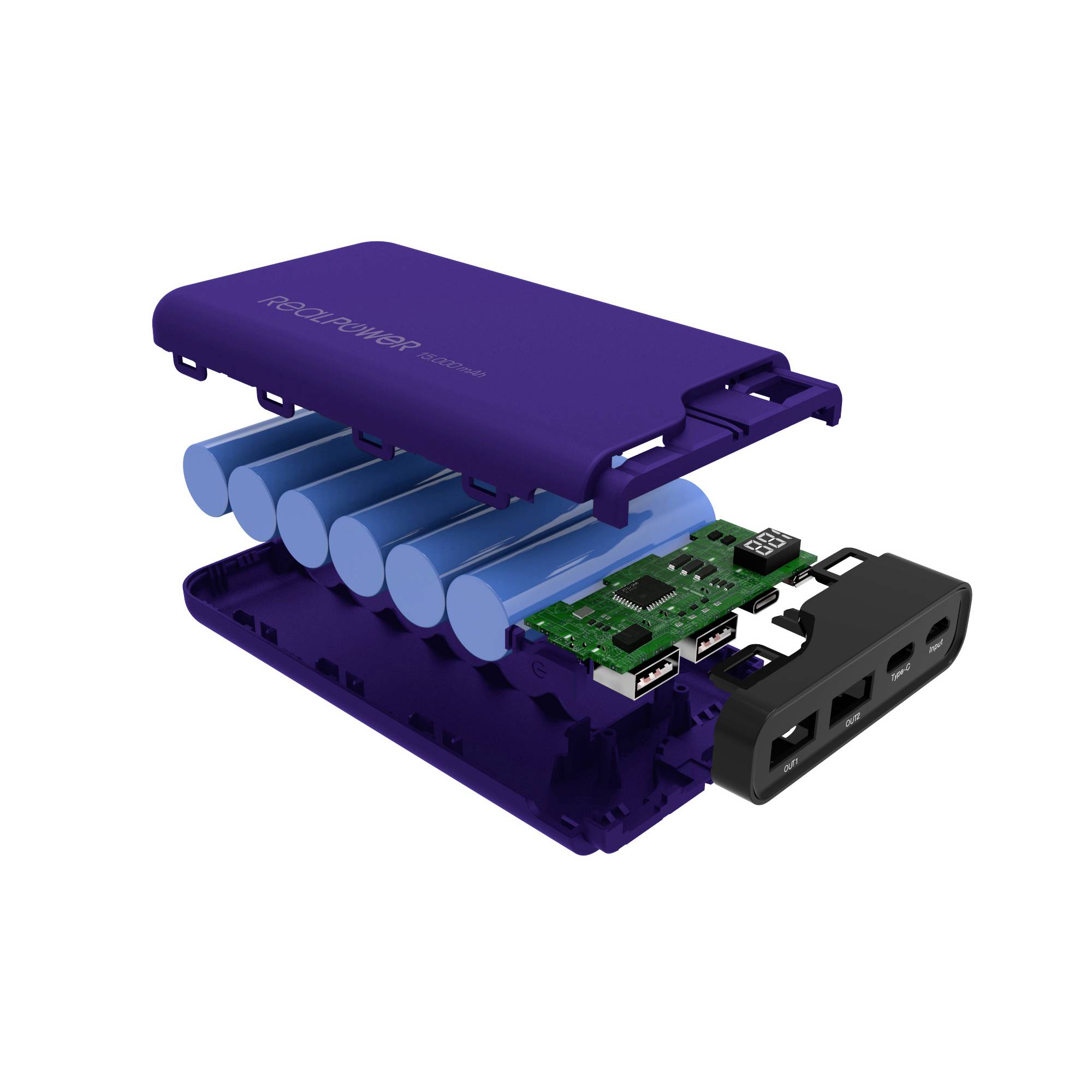 Exploded view of a power bank: Shows the casing, battery cells, circuit board, and connectors. Illustrates the construction and components of a power bank.