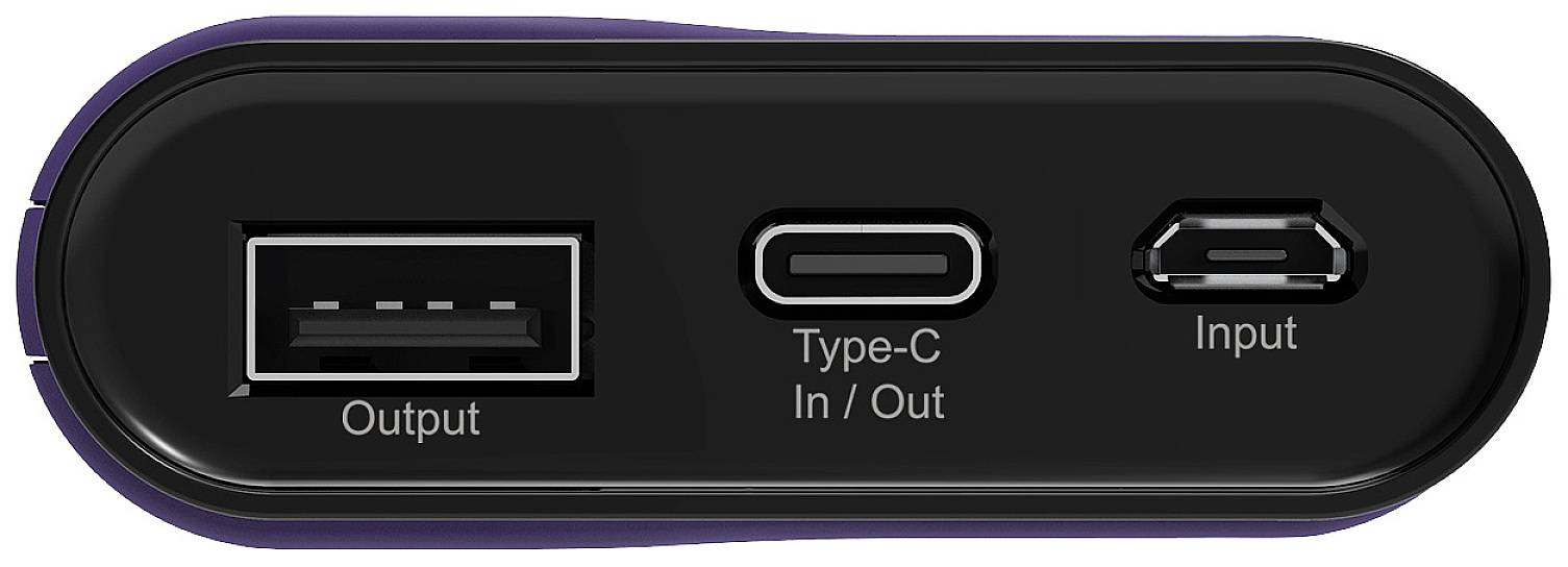 Black charger with three ports: USB output, Type-C input/output, and input port.