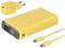 Yellow power bank with 20,000mAh capacity, two USB ports, digital charging display. Includes USB-C cable and charger.