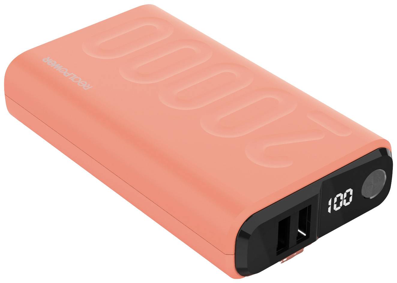 Orange power bank with two USB ports and digital display, showing a battery level of 100%.