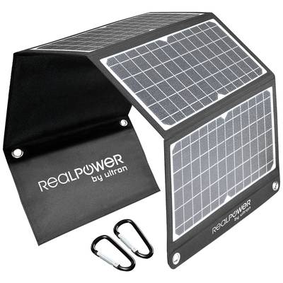 A portable, foldable solar panel with two carabiners. The panel reads 'RealPower by Ultron'. Ideal for travelling.