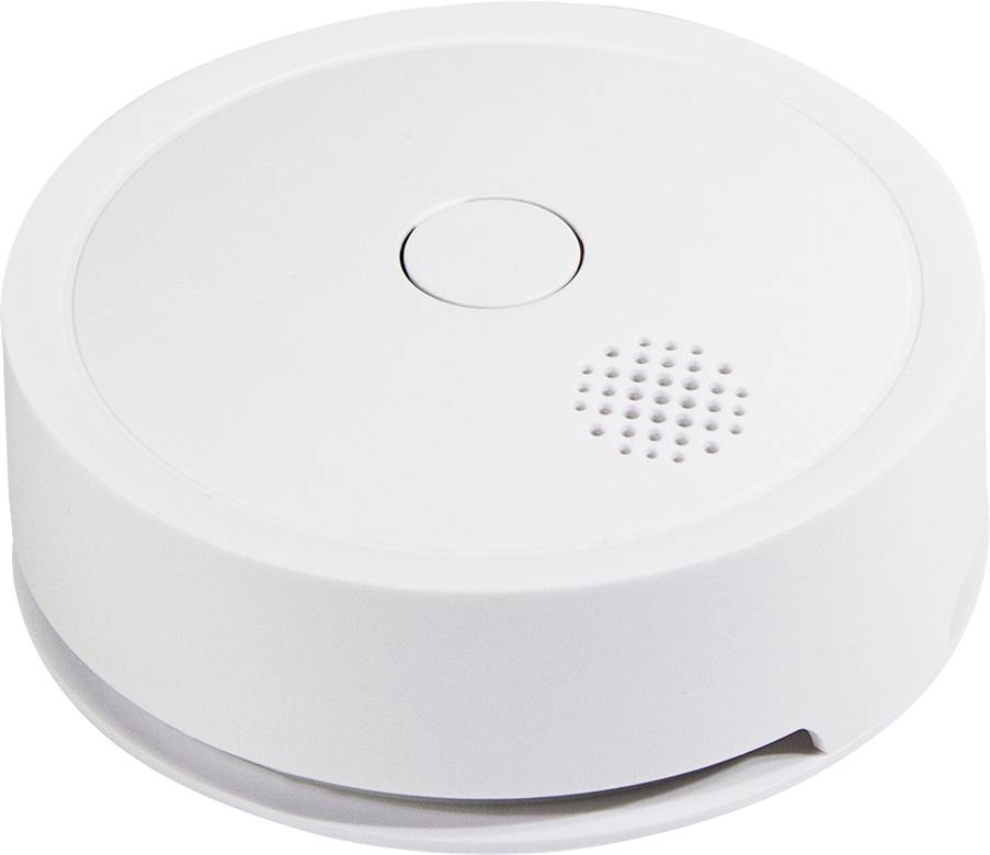 A round, white smoke detector with ventilation slots on the top surface.