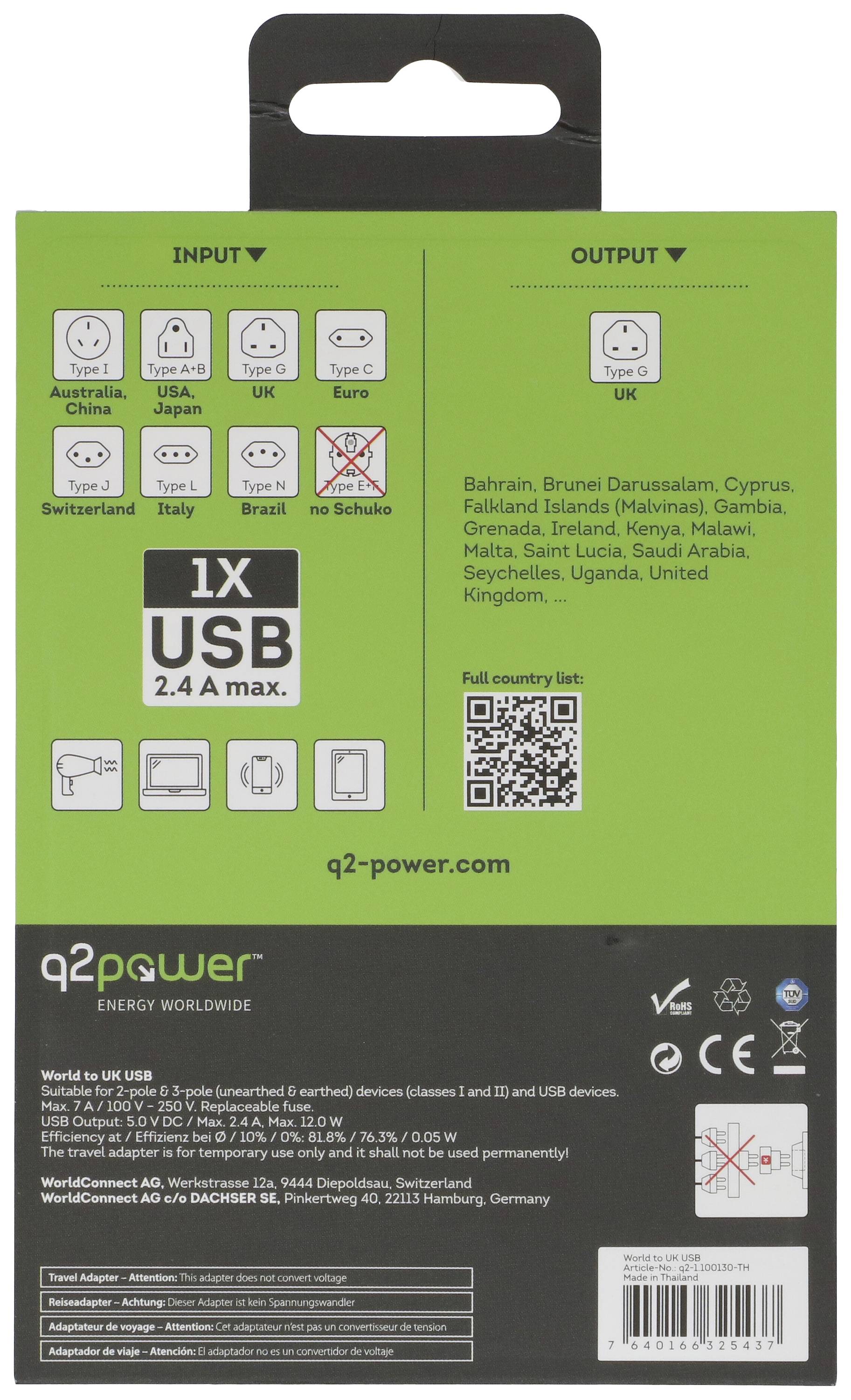 Q2 Power 165444 Travel adapter