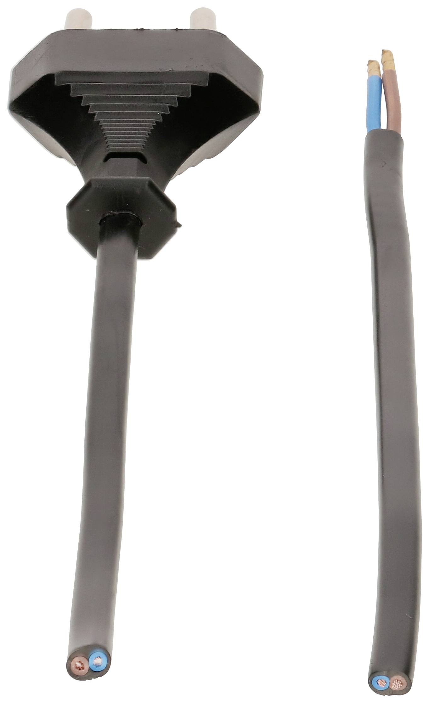 An electrical cable with a stripped wire revealing the inner copper wires, ending next to an intact plug.