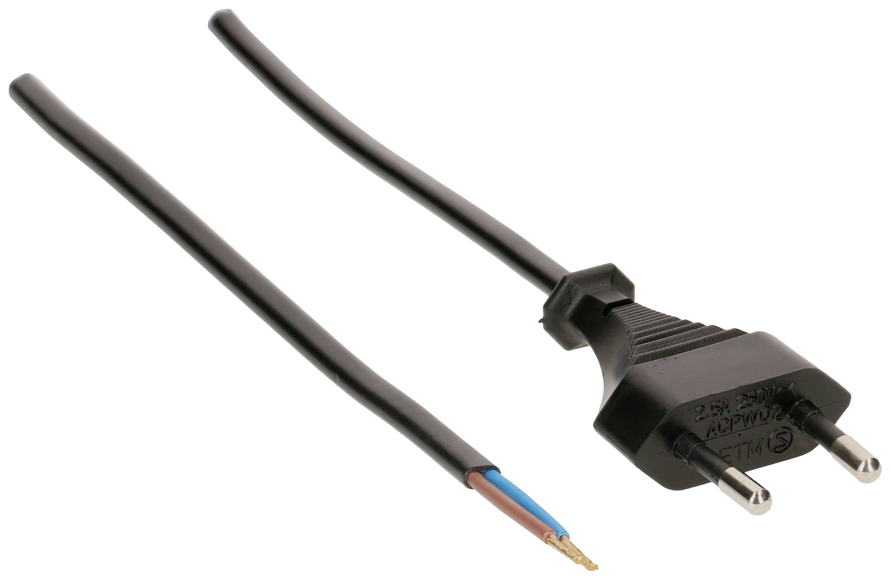 A detached black power cable with a plug on the right side and exposed copper wire ends on the left.