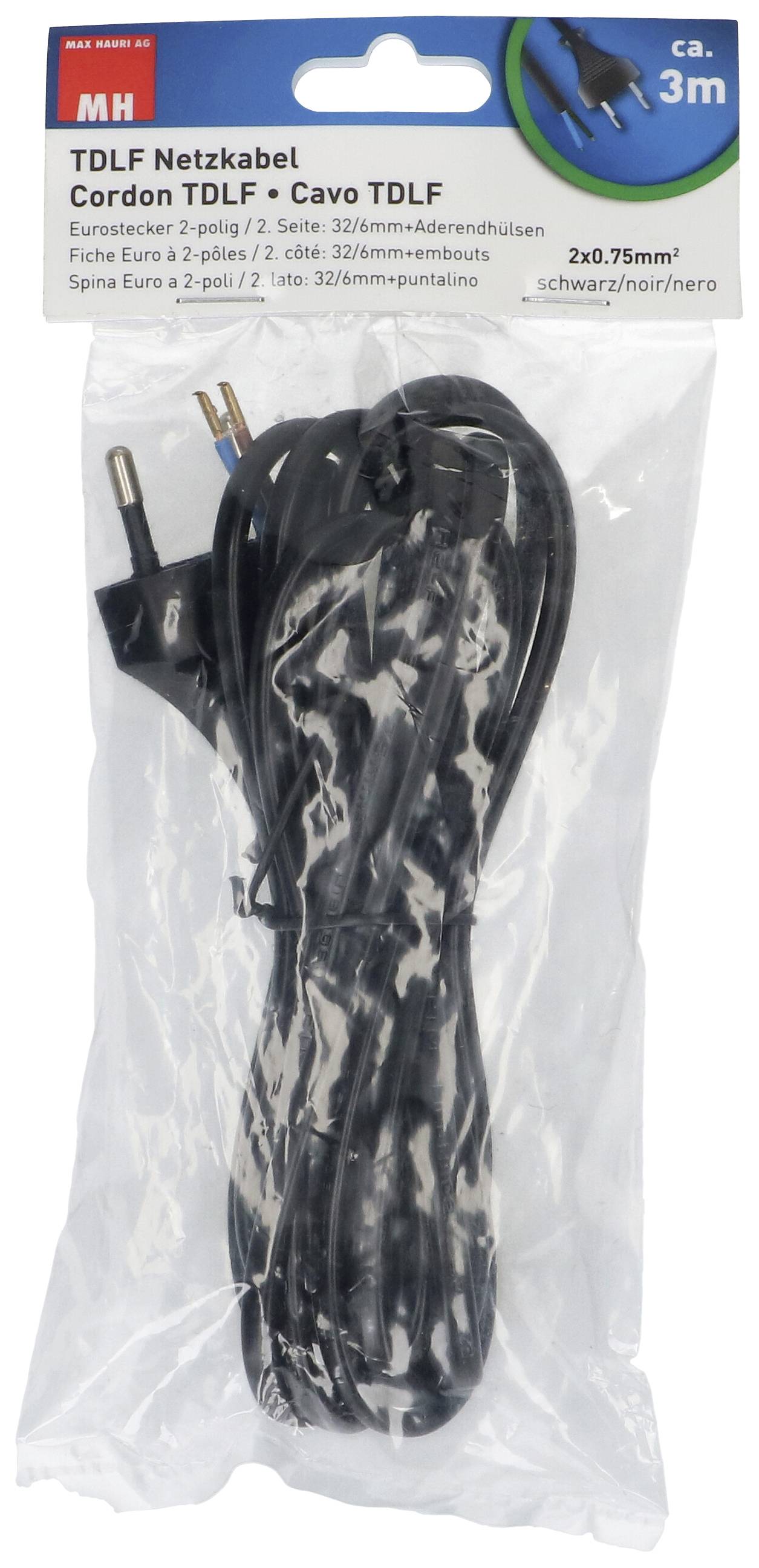 Black network cable, type TDLF, 2-pole, 3 metres, Euro plug, 32/6 mm pin, 2x 0.75 mm², suitable for Euro 2-pole sockets.