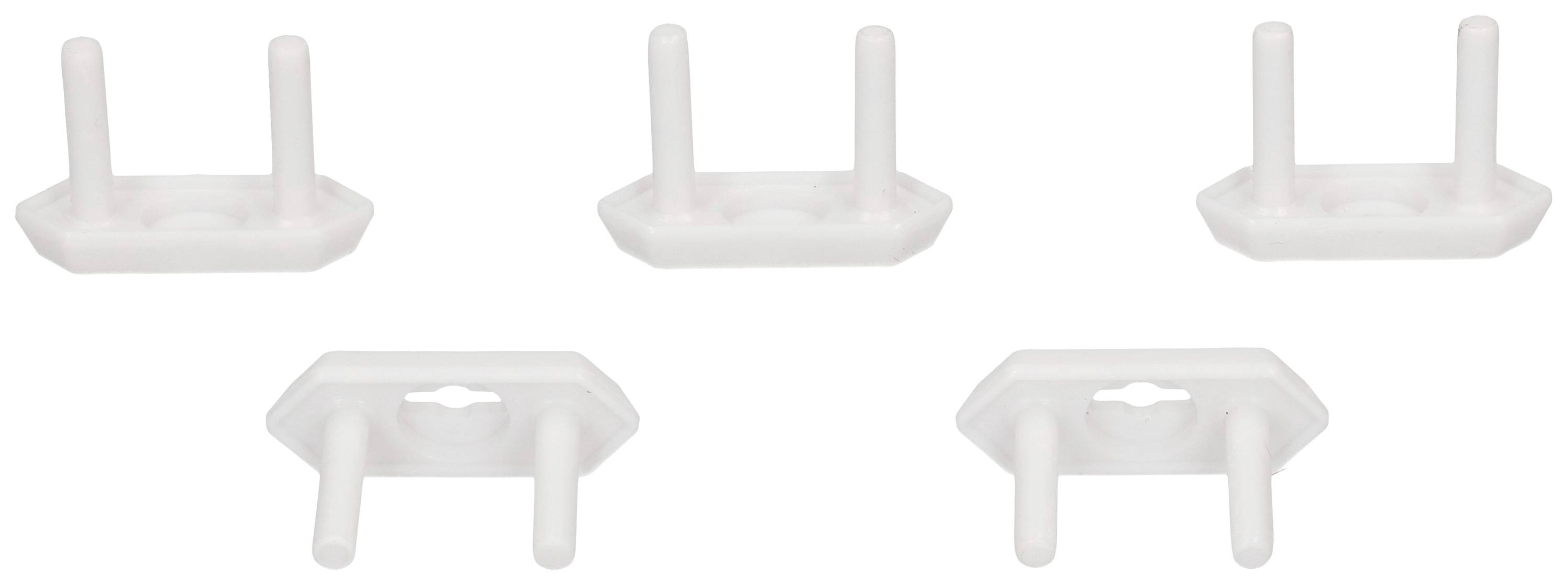 Five white, rectangular plastic parts, each with two pins; they are arranged evenly.