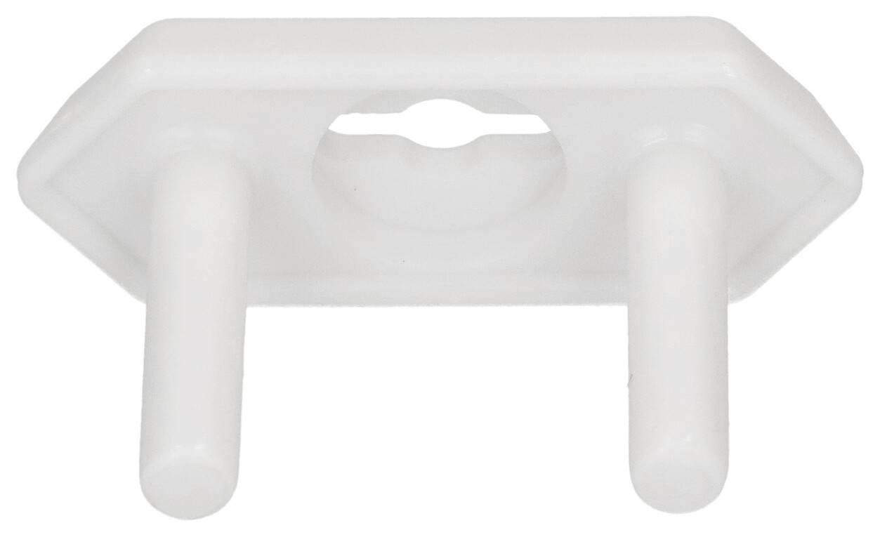 A white, rectangular plastic component with two upright pins and a central hole, potentially a mounting or fixing element.