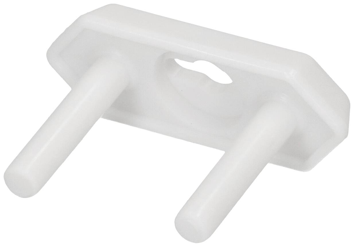 A white double plug that serves as a child safety cover for electrical sockets.