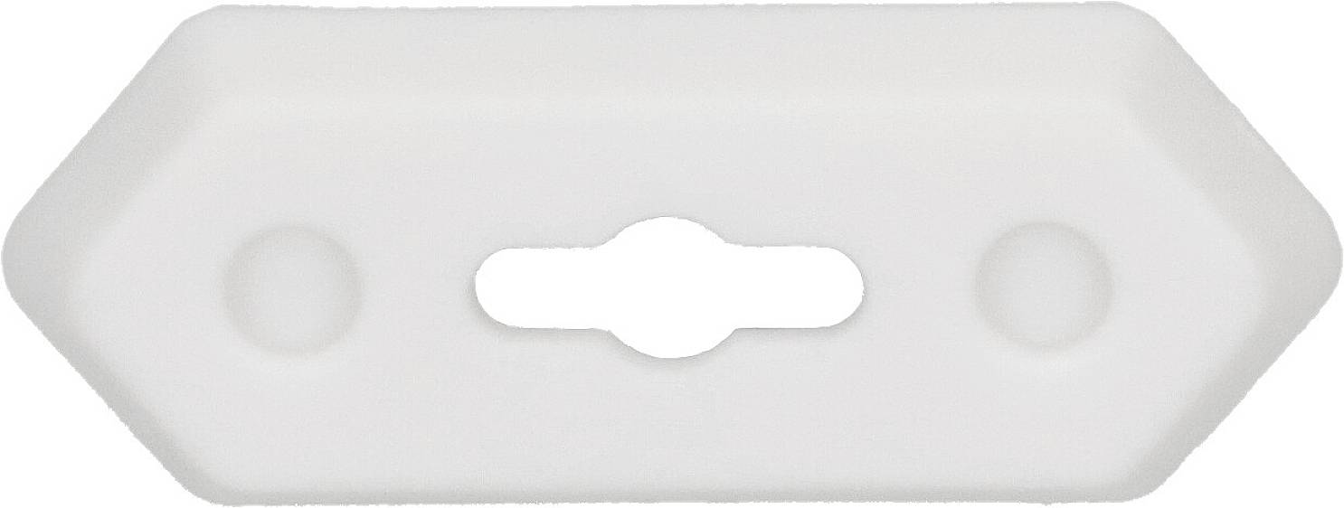 White, hexagonal plastic plate with a central horizontal slot and two round holes on either side.