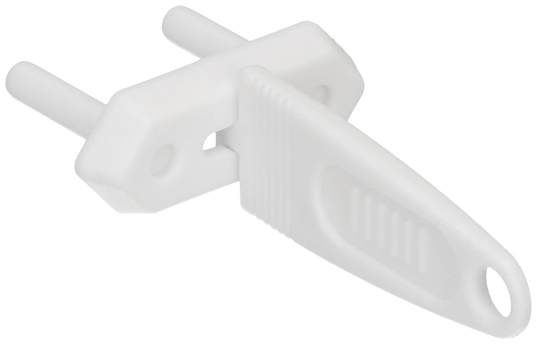 A white plastic handle with two long pins used for mounting electronic components in a device.