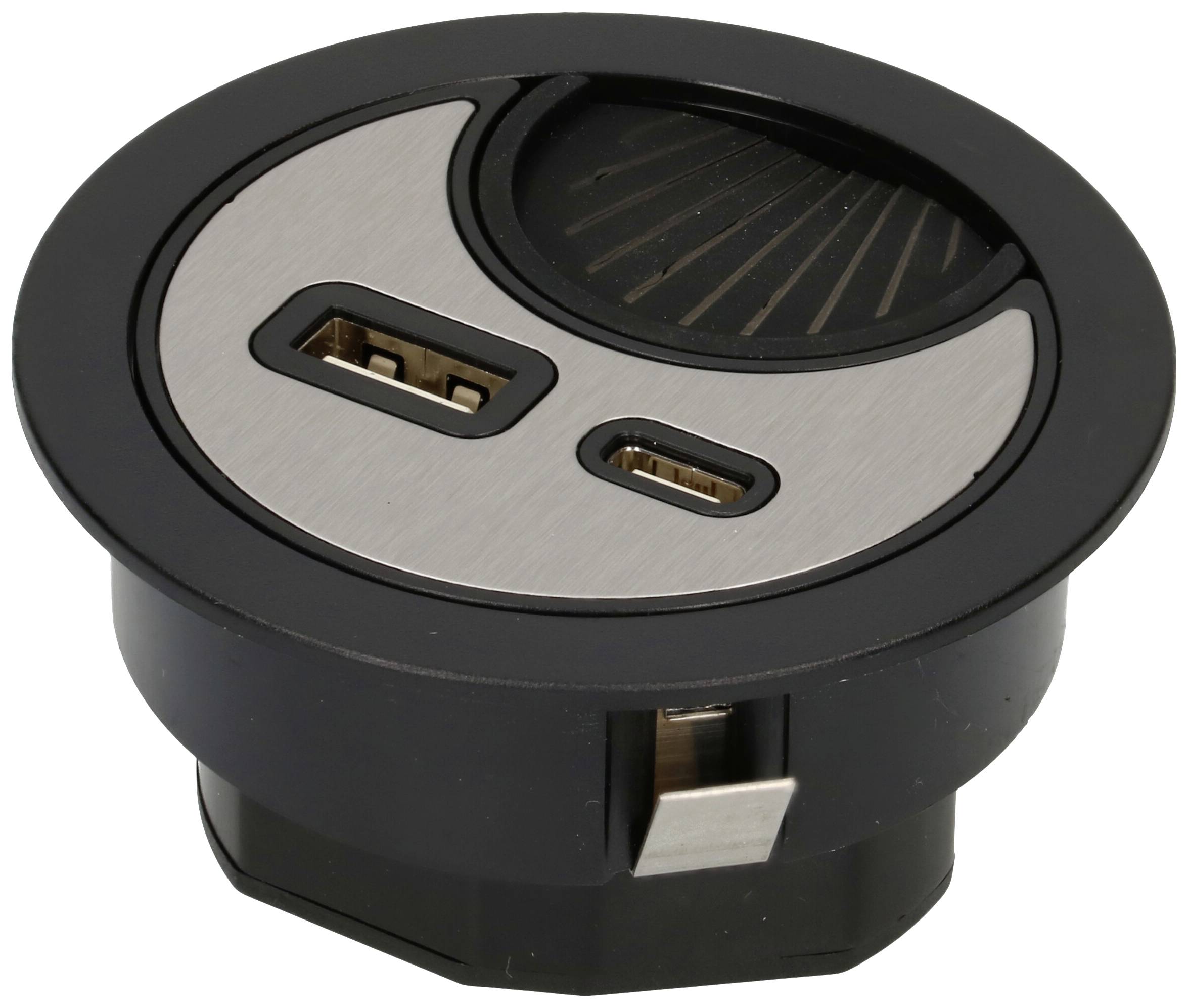 Round black socket with two USB ports and a circular solar motif on the surface. Suitable for installation in furniture.