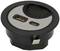 Round black socket with two USB ports and a circular solar motif on the surface. Suitable for installation in furniture.