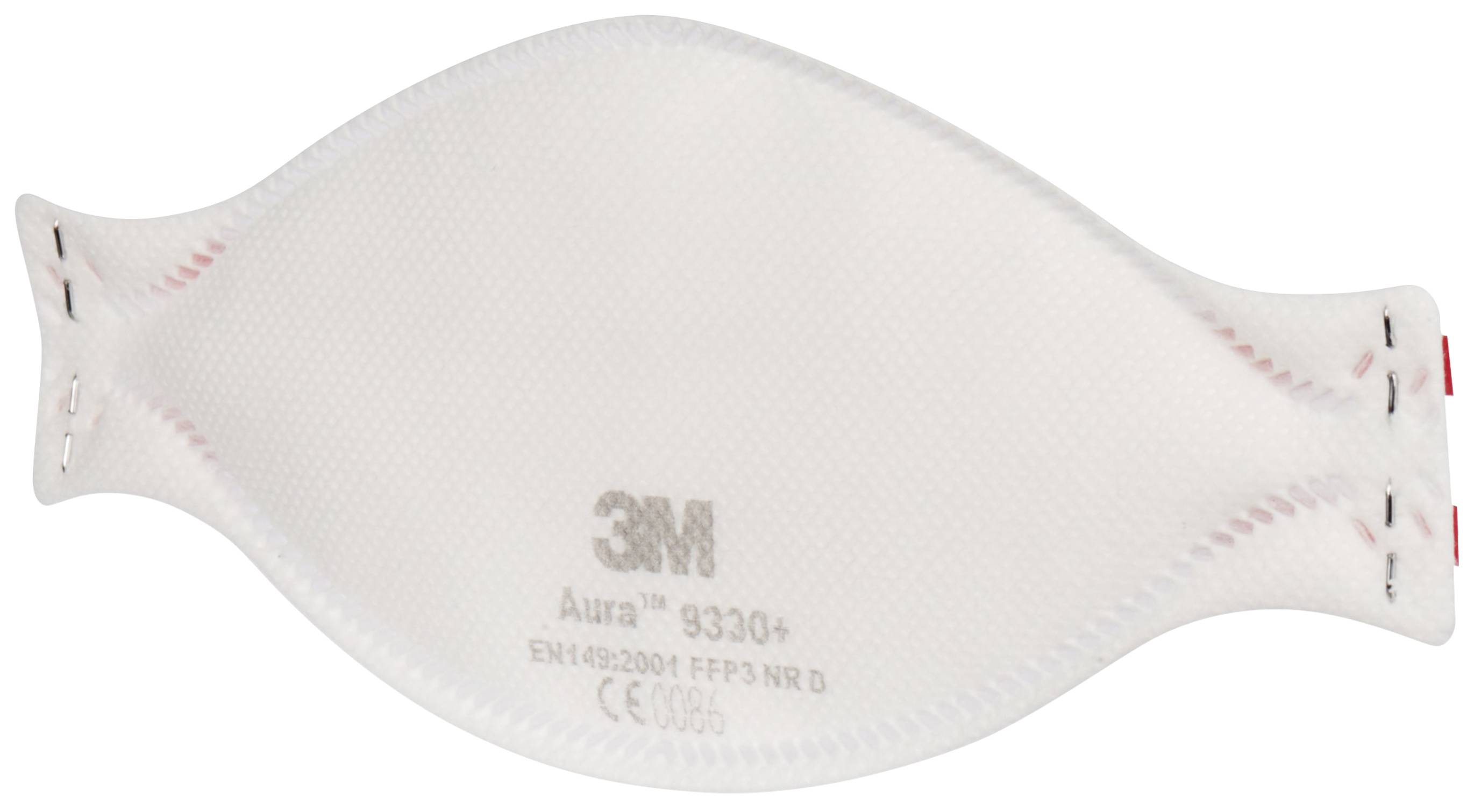 A white FFP3 respiratory protective mask of the 3M Aura 9330+ type lies flat.