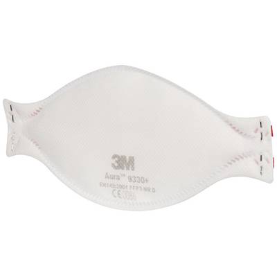 A white FFP3 respirator mask by 3M, Aura 9330+ model, which is folded flat. It provides protection against particles.