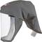 Grey, protective respirator hood with a clear plastic visor and side connection, suitable for respiratory protection systems.