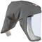 Grey protective hood with large transparent visor and breathing valve, suitable for work in hazardous environments.