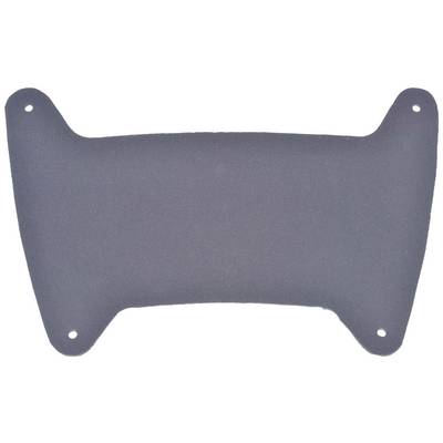 Black and grey rectangular cushion with rounded corners and four holes, possibly part of a seat or backrest accessory.