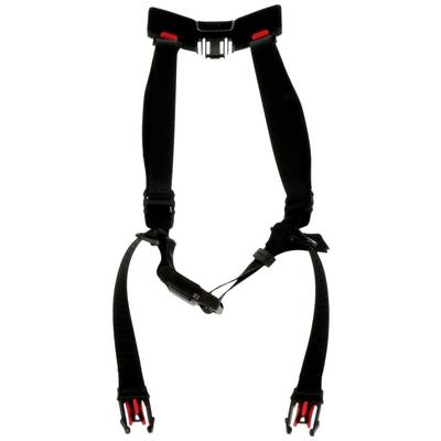 Black safety belt with red clip fasteners, suitable for rucksacks or safety equipment; adjustable.