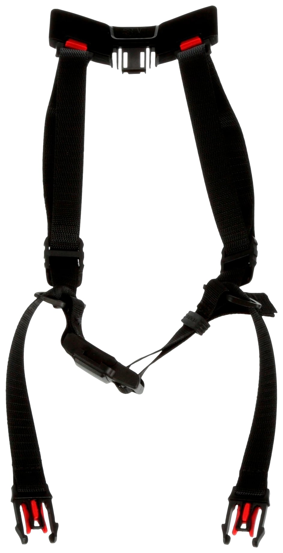 Black safety belt with red clip fasteners, suitable for rucksacks or safety equipment; adjustable.