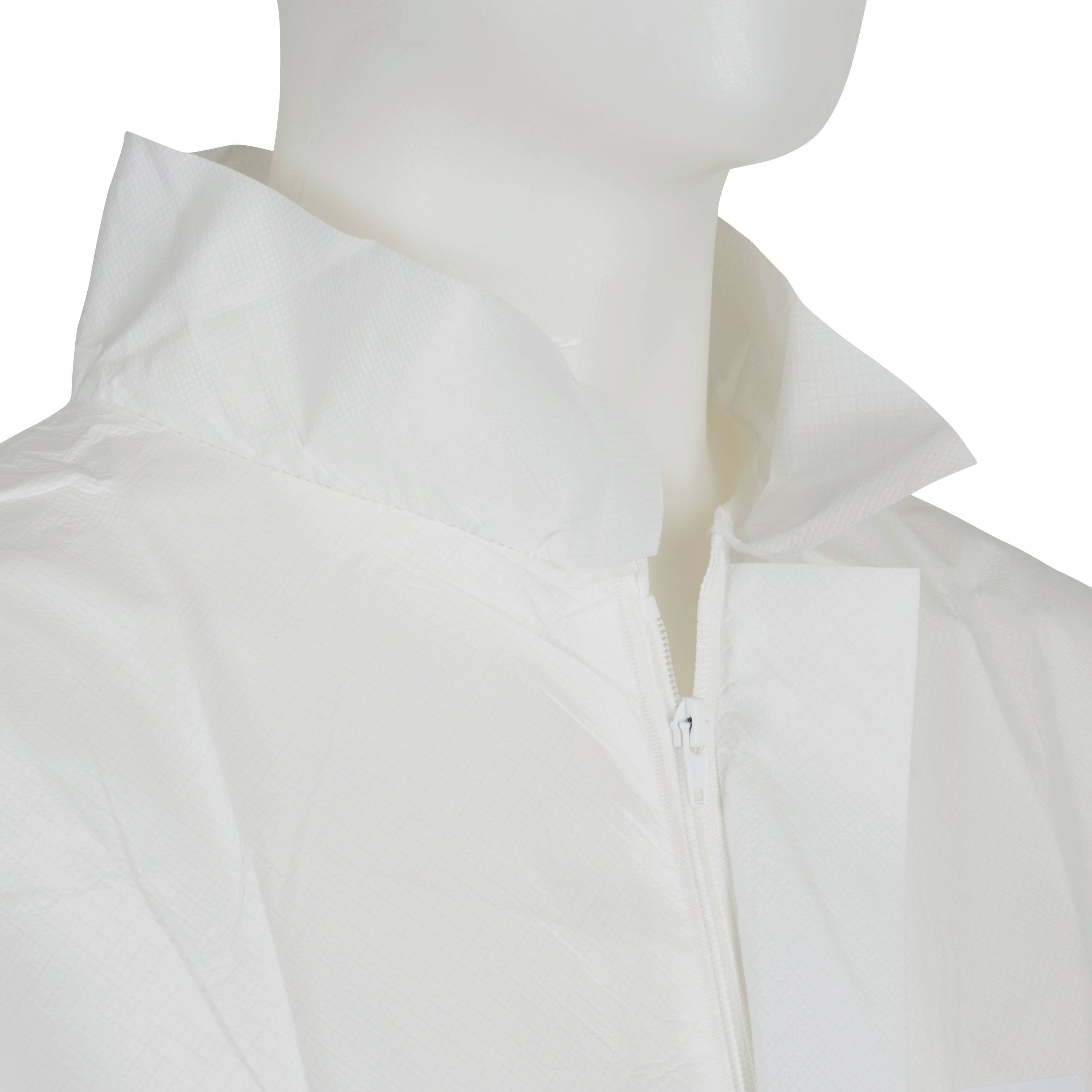 A person is wearing a white protective suit with a zip, fully closed up to the neck. Only the collar and part of the face are visible.