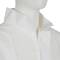 A person is wearing a white protective suit with a zip, fully closed up to the neck. Only the collar and part of the face are visible.
