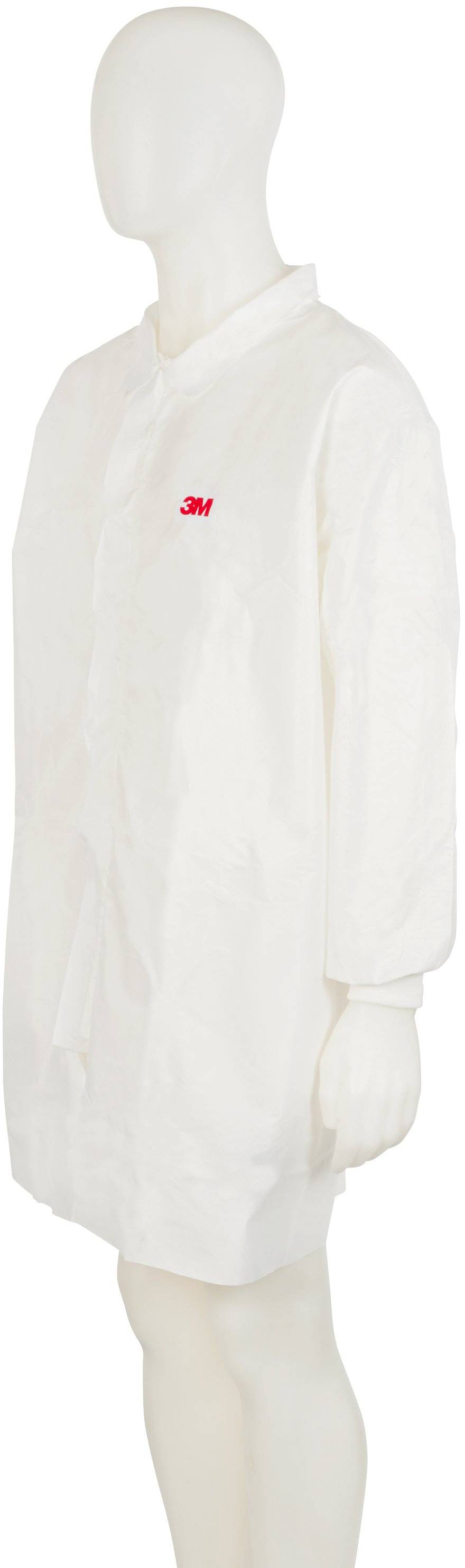 A mannequin is wearing a white laboratory coat with a red logo on the chest.