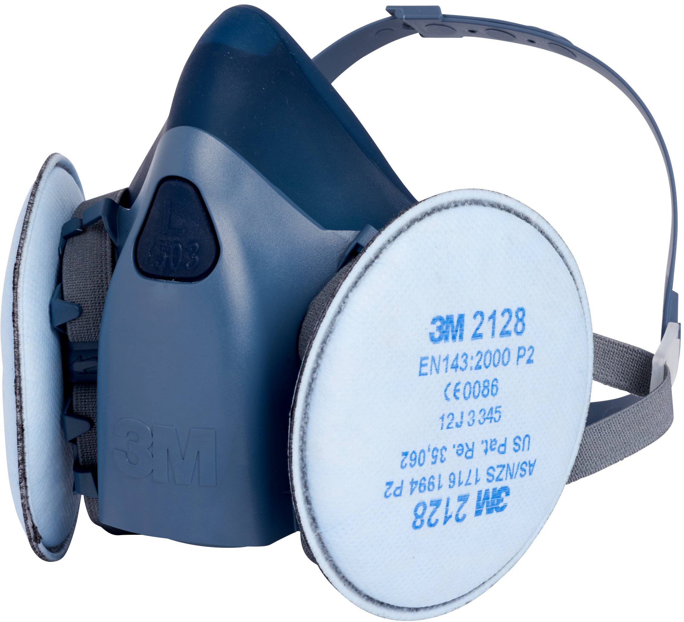A blue respiratory protection mask with two interchangeable filters, suitable for protection against particles, chemicals, and gases.