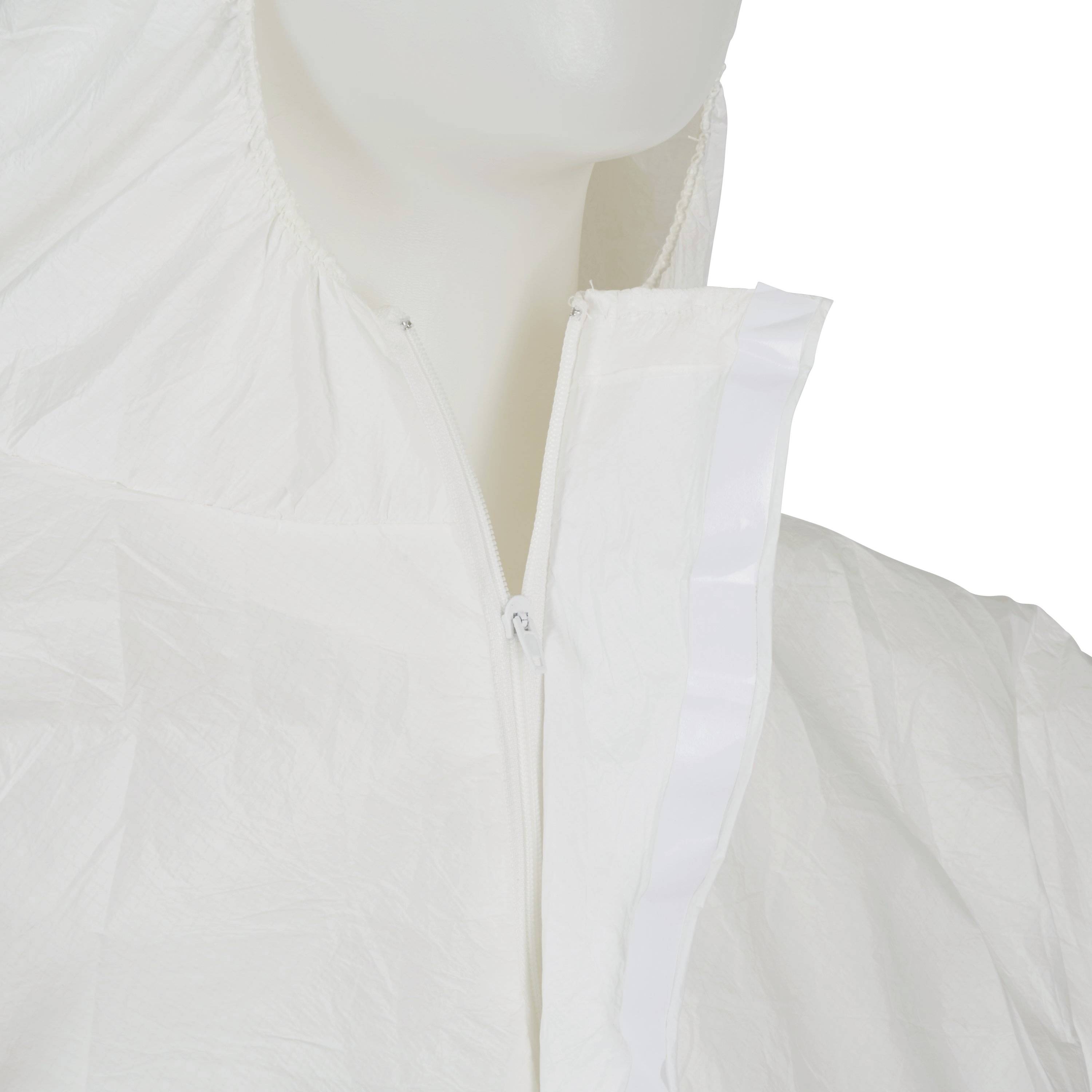 Person wearing a white protective suit with a hood, showing the upper part of the suit.