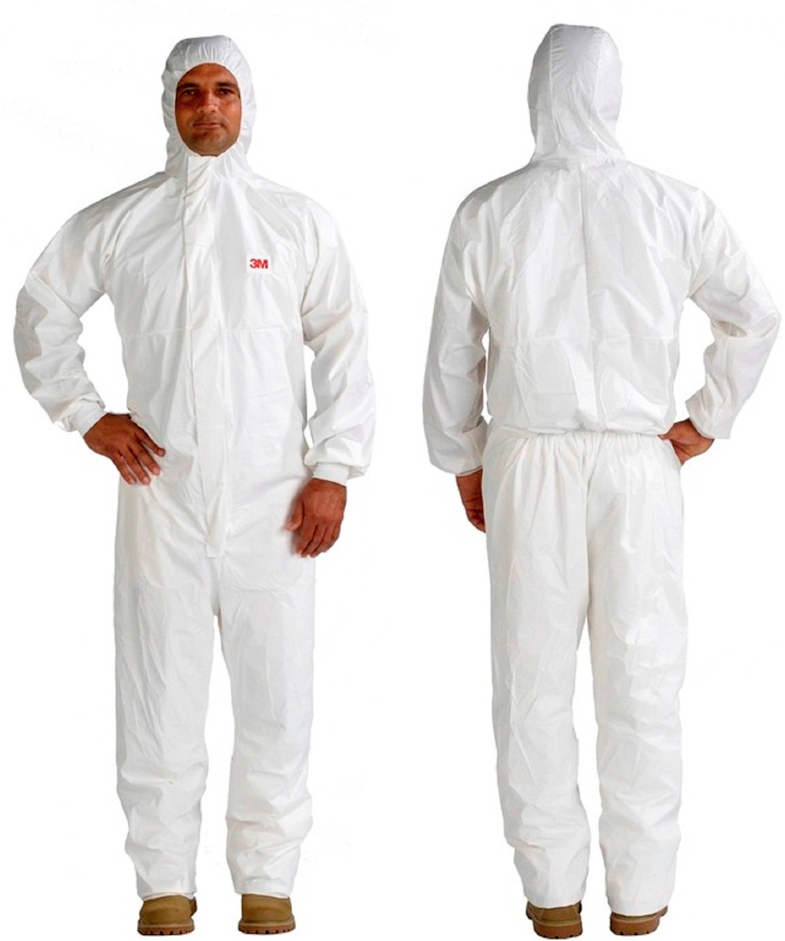 Two people in white protective suits, one seen from the front and one from behind, with hoods and brown shoes.
