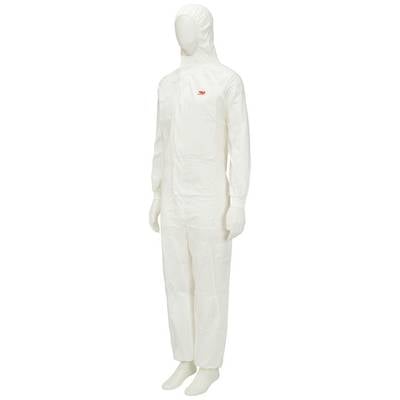 White protective coverall with hood and long sleeves, worn by a mannequin. Suitable for safety and hygiene applications.