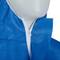Close-up of a blue protective suit with a zip, typically used for hygienic or medical purposes.