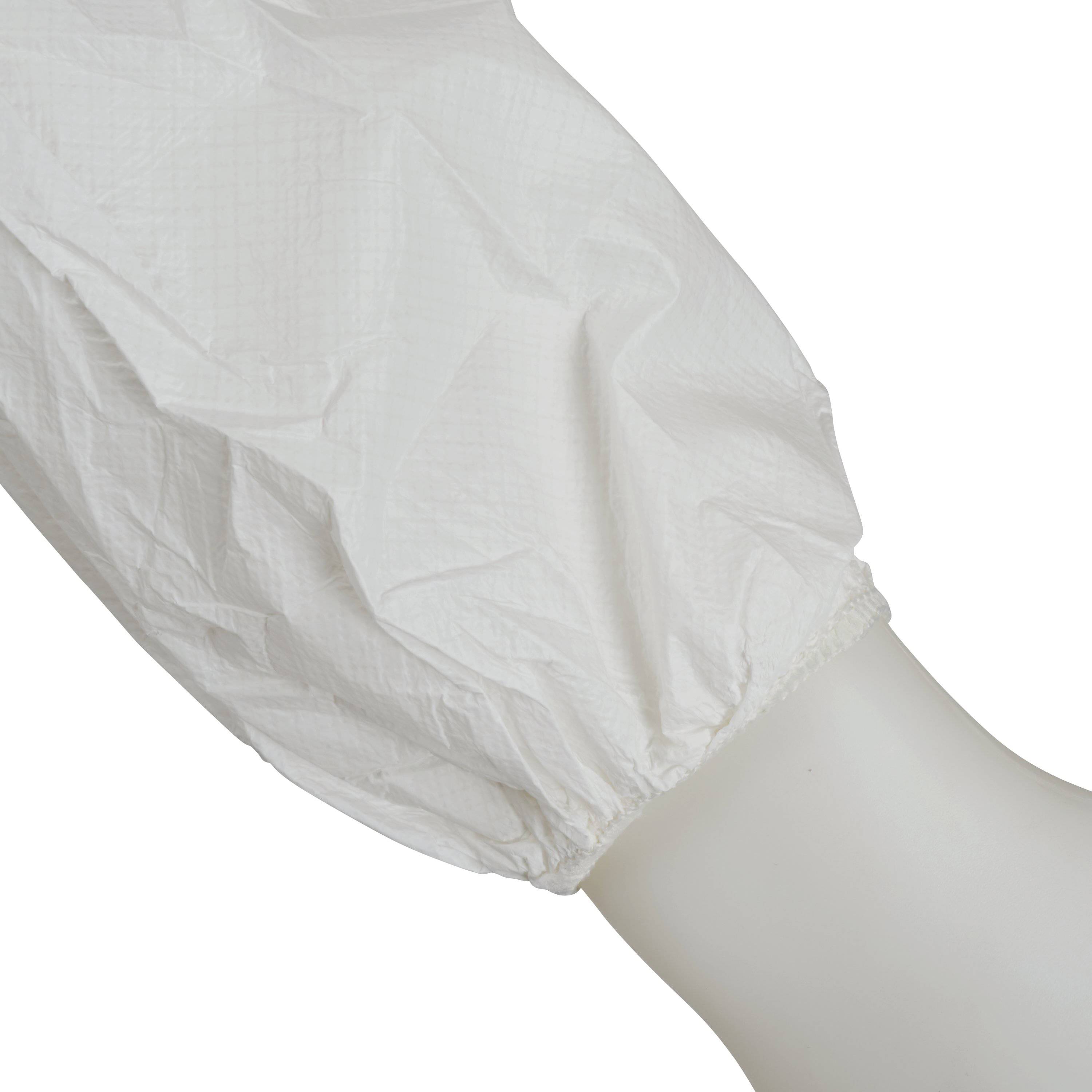 A sleeve of a white protective suit made from robust material, shown against a neutral background.