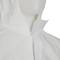 Close-up of a white protective suit with a hood and zip, worn by a mannequin.