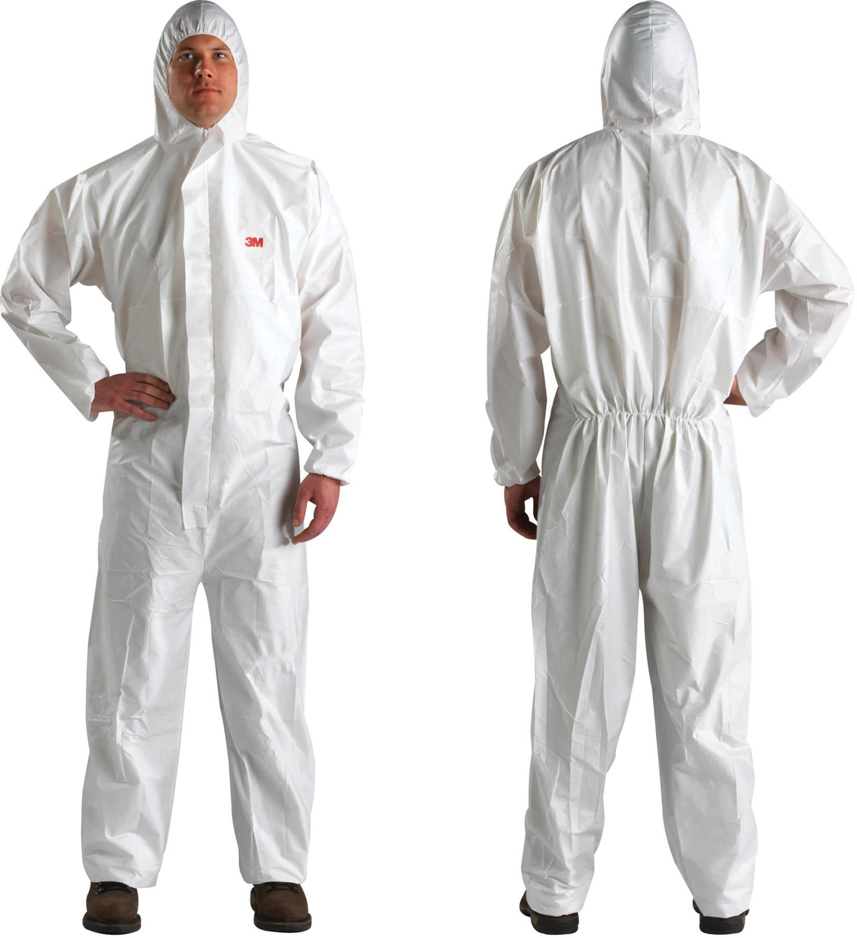 Two views of a white protective suit: front with zip and hood, back with elasticated waistband, worn by a person.
