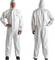 Two views of a white protective suit: front with zip and hood, back with elasticated waistband, worn by a person.