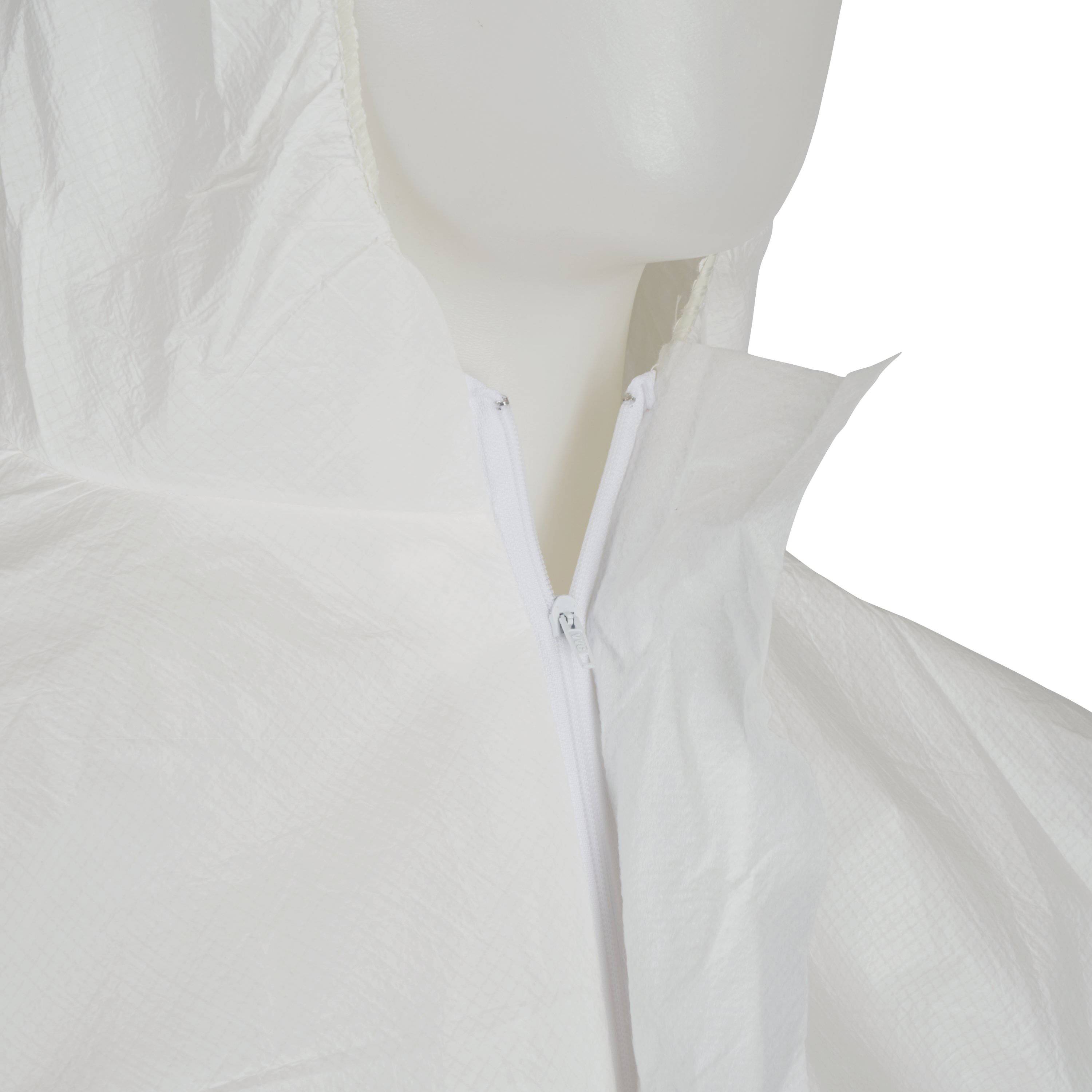 White protective suit with hood, zip fastener and smooth surface. Suitable for laboratory or industrial environments.