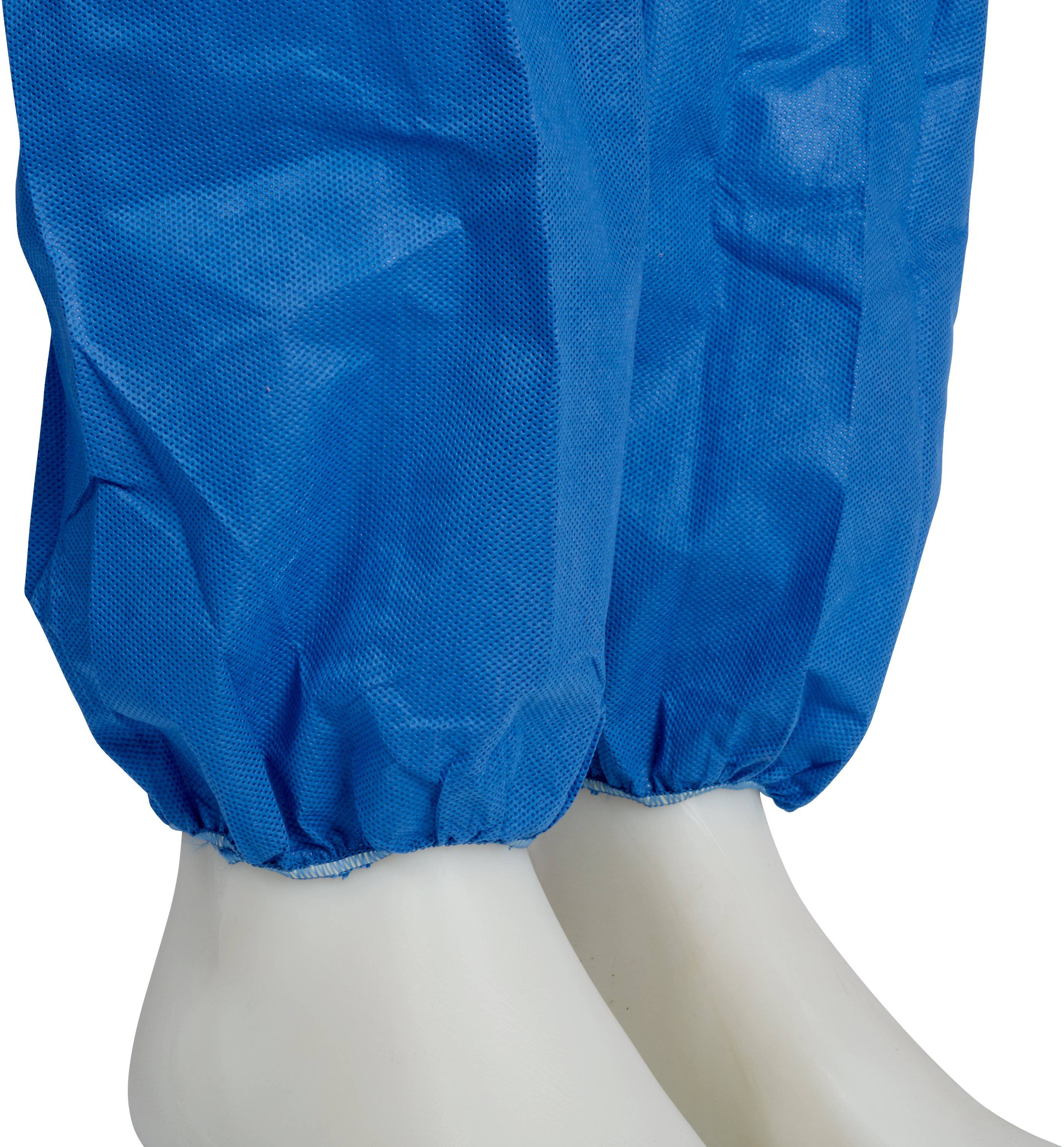 Blue, ankle-length protective clothing over two prosthetic feet.