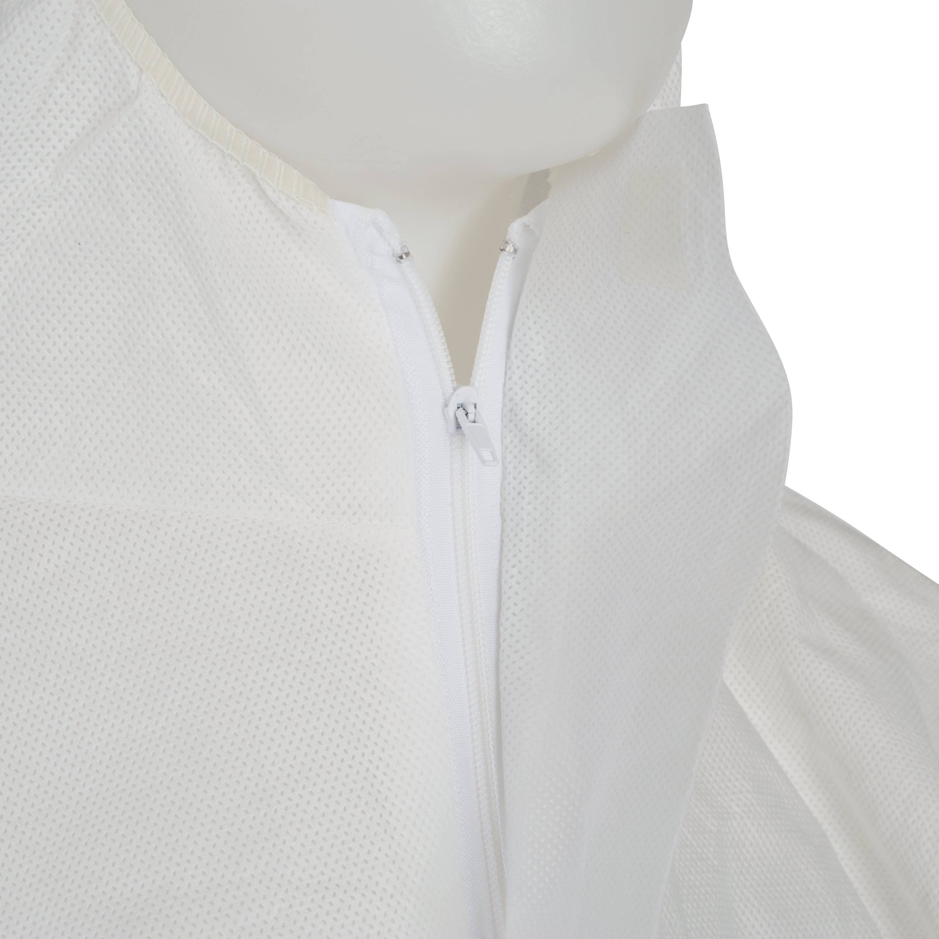 A close-up of a white protective suit with a zip, fastened at the neck. Ideal for hygienic or protective purposes.
