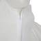 A close-up of a white protective suit with a zip, fastened at the neck. Ideal for hygienic or protective purposes.