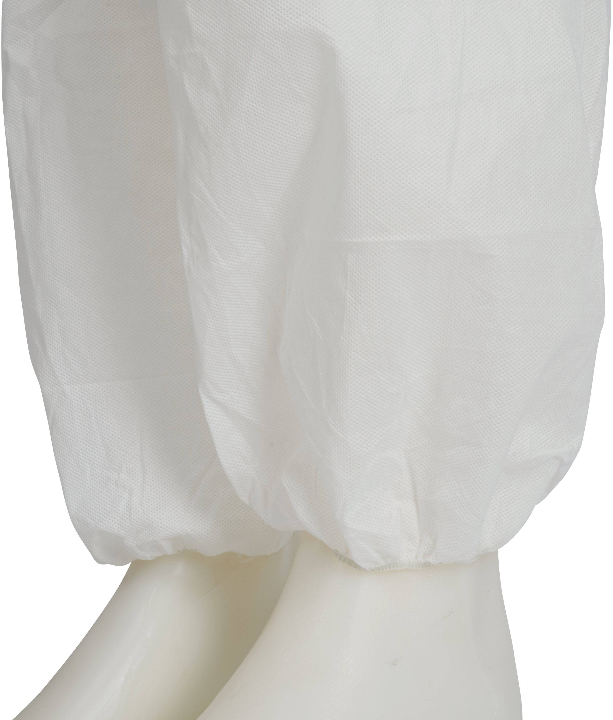 White, protective disposable overshoes with elastic cuffs, worn on a pair of feet. Suitable for sterile environments.
