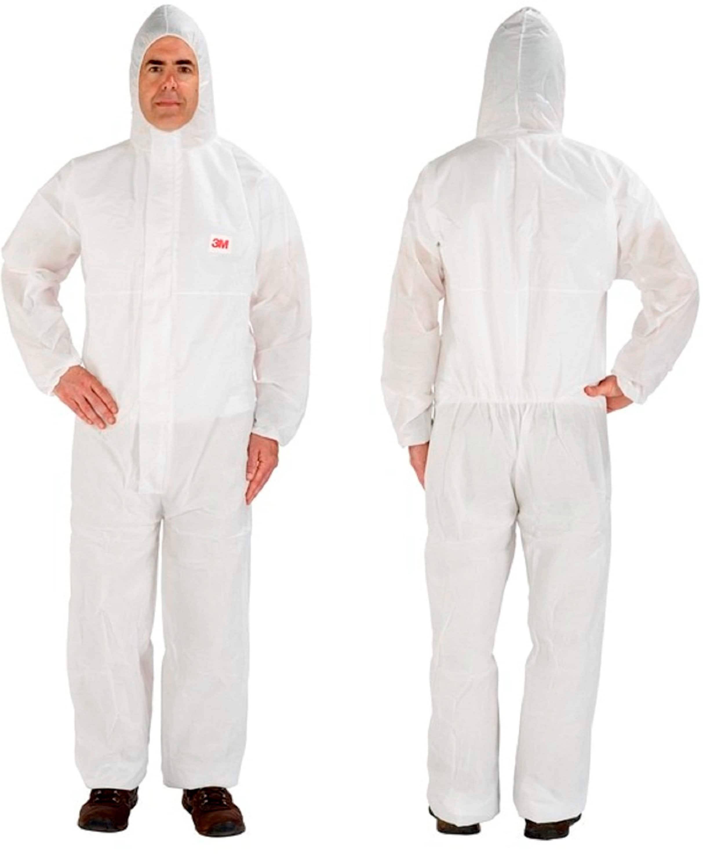 'Man in white protective suit with hood, a front view, a back view.'