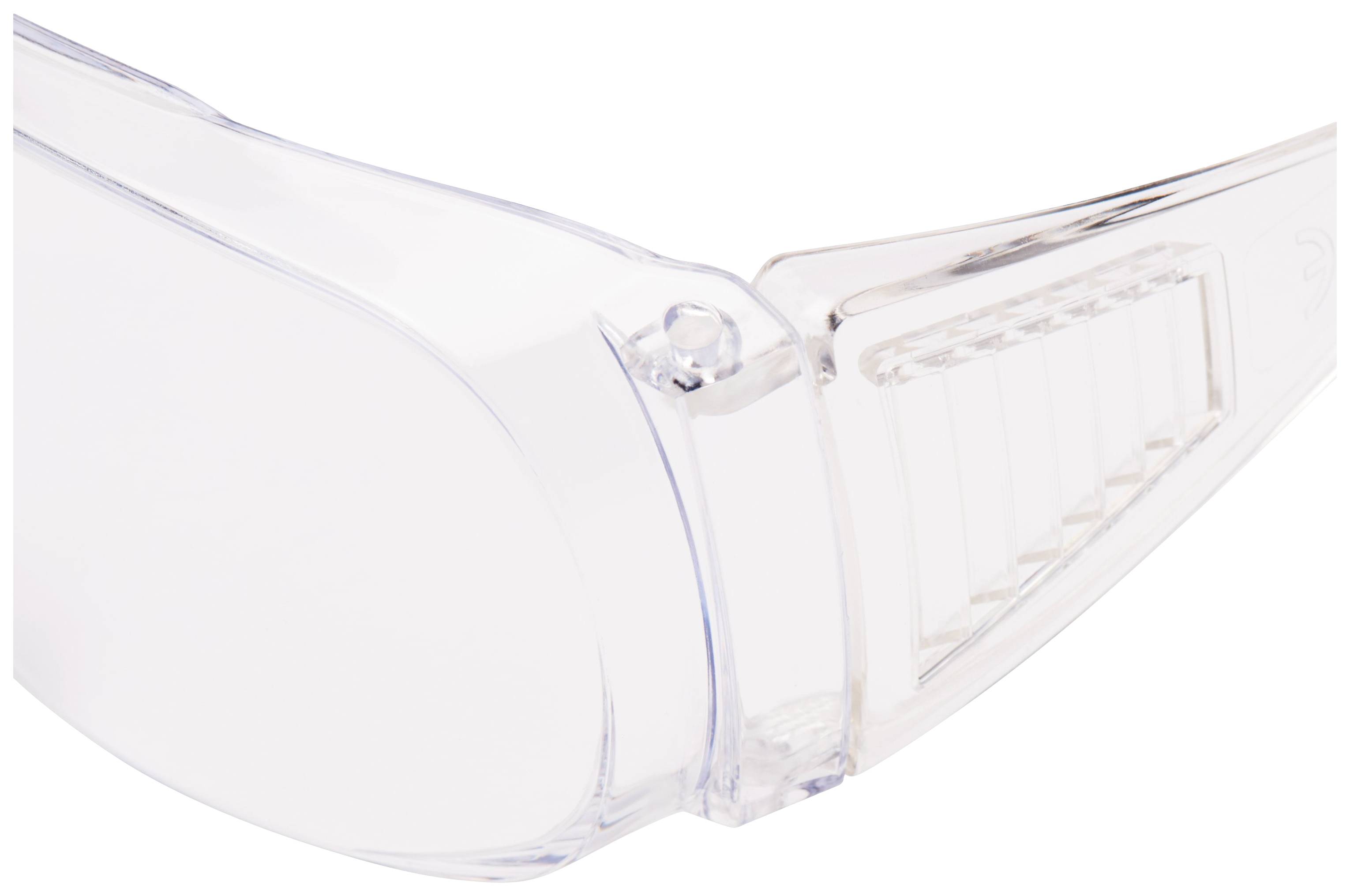 Clear face shield with ventilation slots on the side, providing protection and comfort.