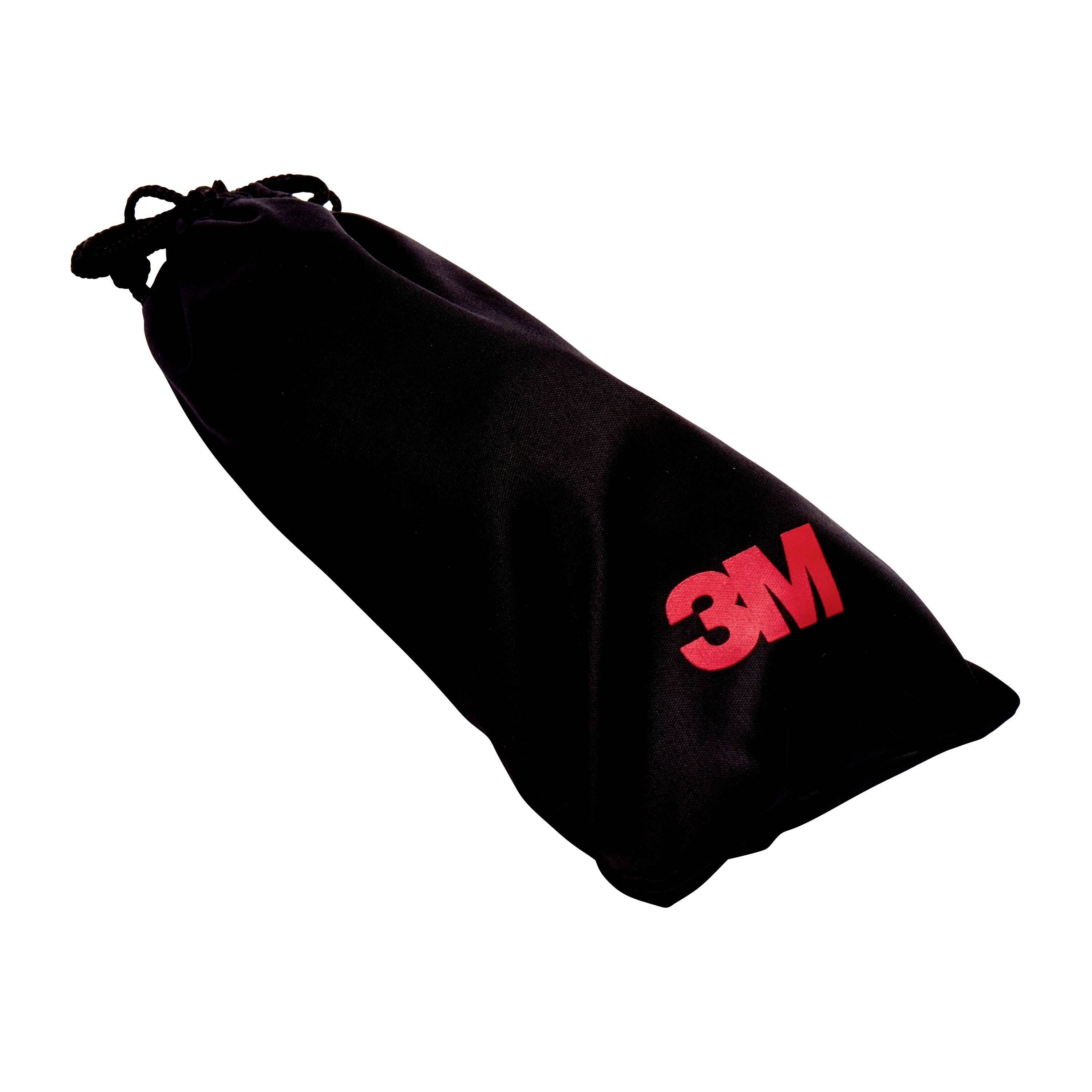 Black fabric bag with red '3M' logo, closable with drawstring at the top end.