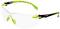 Clear safety glasses with green accents and an adjustable nose bridge, suitable for eye and face protection in work environments.